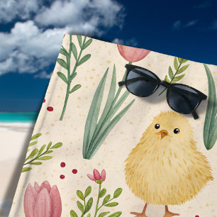 Serviette De Plage Pâques vintage poussins jaunes mignons tulipes rou