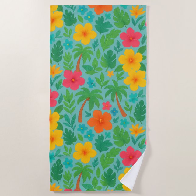 Serviette De Plage Paradis tropical - Palm Feuilles & Hibiscus Motif (Devant)