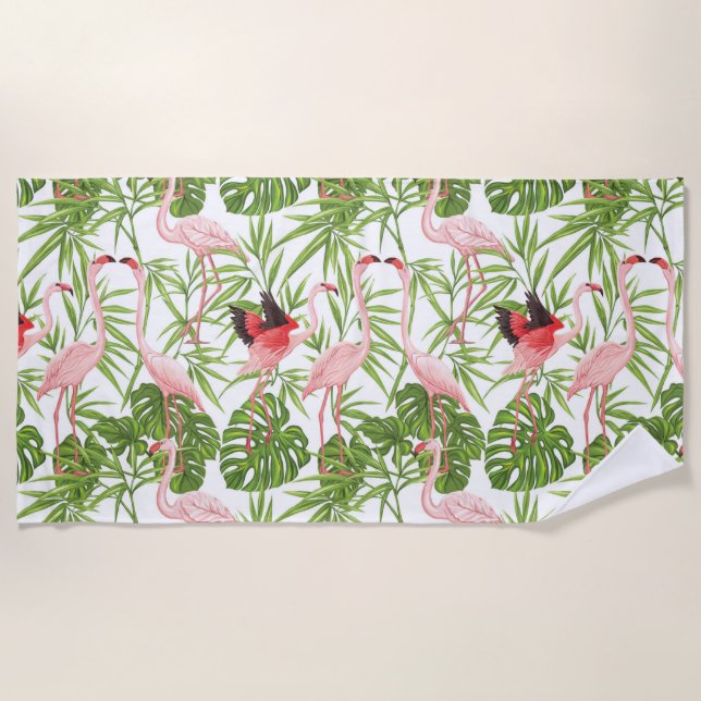 Serviette De Plage Paradise Bird Flamant rose Plantes tropicaux (Devant)