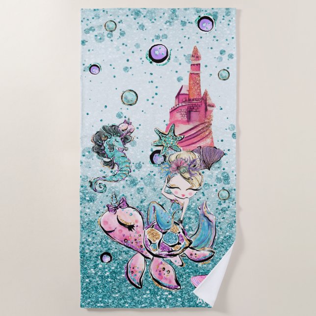Serviette De Plage *~* Parties scintillant Blonde Mermaid Château de  (Devant)