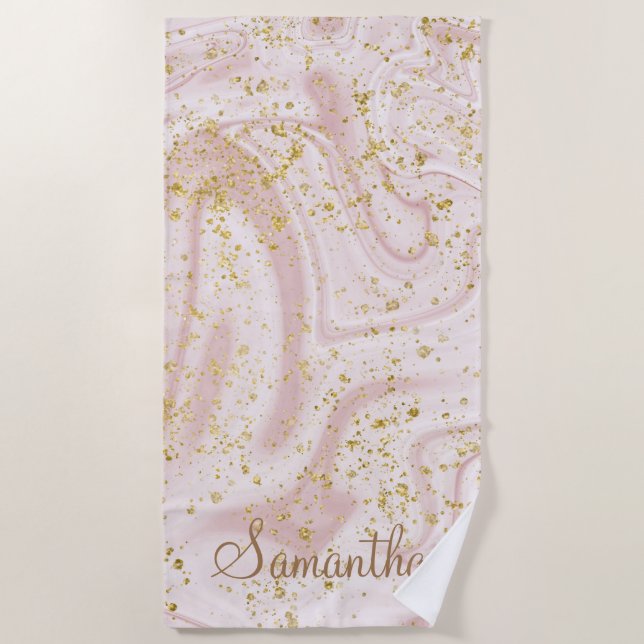 Serviette De Plage Parties scintillant d'or à Marbre blanc rose perso (Devant)