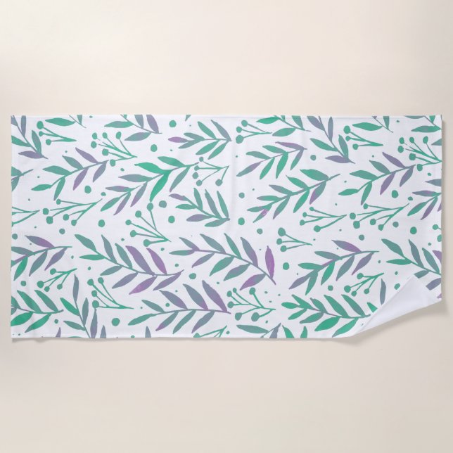 Serviette De Plage Pastel aquarelle branches pourpre et vert (Devant)