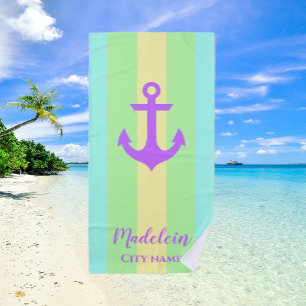 Serviette De Plage Pastel Colour Ancre Bandes Nautiques Nom personnal
