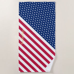 Serviette De Plage Patriotique Rouge Blanc Bleu Étoiles Rayures Monog