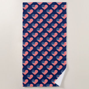 Serviette De Plage Patriotique Rouge, Blanc & Bleu USA Coeurs Drapeau