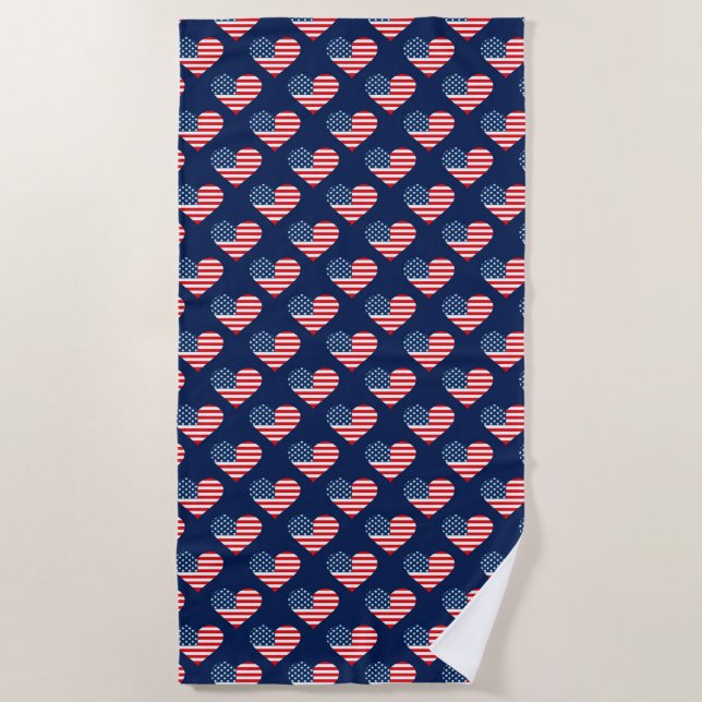 Serviette De Plage Patriotique Rouge, Blanc & Bleu USA Coeurs Drapeau (Devant)