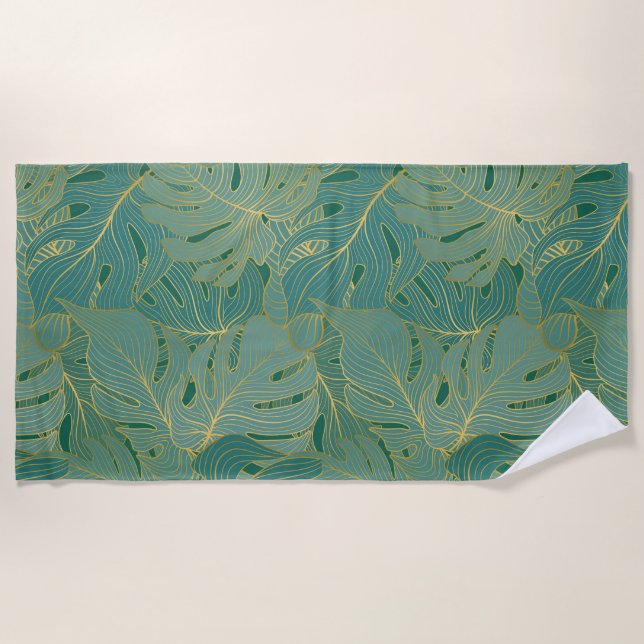 Serviette De Plage Paume vert et or feuille motif (Devant)