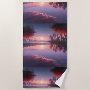 Serviette De Plage Paysage du lac Purple au coucher du soleil Trois