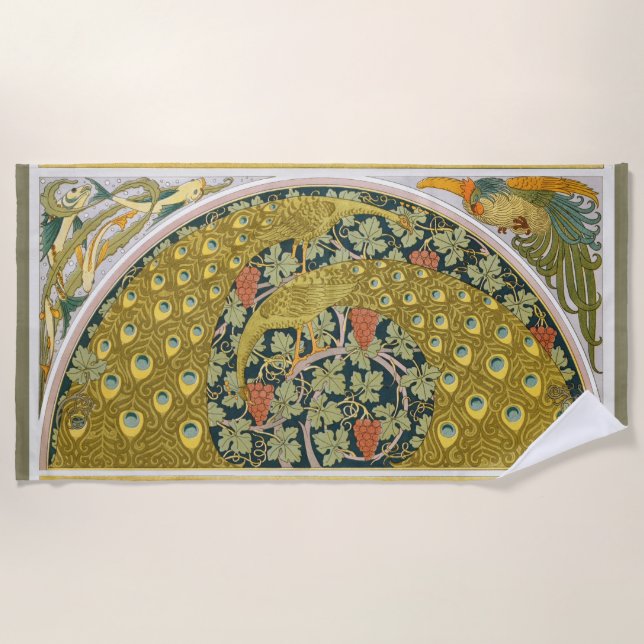 Serviette De Plage Peacock Art Nouveau Style rond design complexe (Devant)