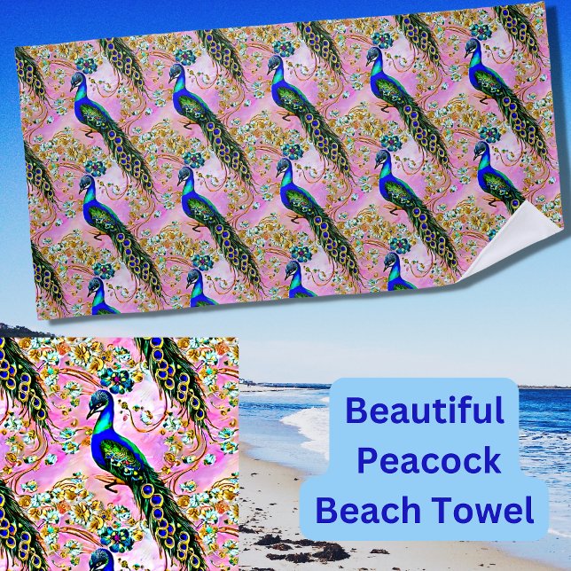 Serviette De Plage Peacock bleu Iridescente, or sur rose (Créateur téléchargé)