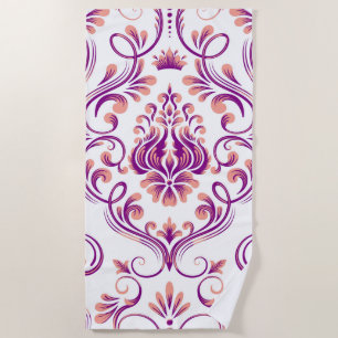 Serviette De Plage Pêche et pourpre Damas motif floral élégant