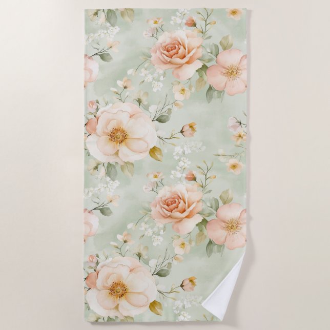 Serviette De Plage Pêches Romantiques Roses Fleurs Jolies Menthe  (Devant)