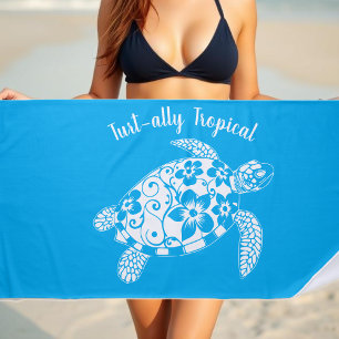 Serviette De Plage Pêcheur de tortue hawaïenne esthétique bleu clair