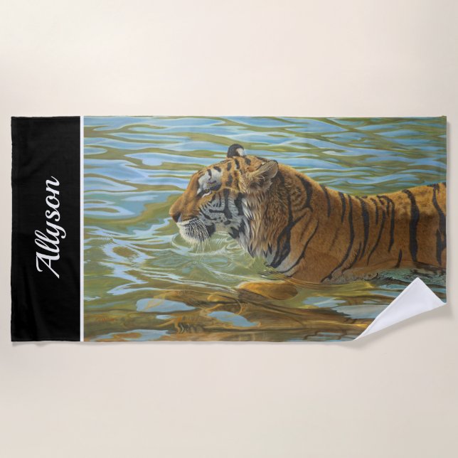 Serviette De Plage Peinture De Baignade En Tigre | Nom do-it-yourself (Devant)