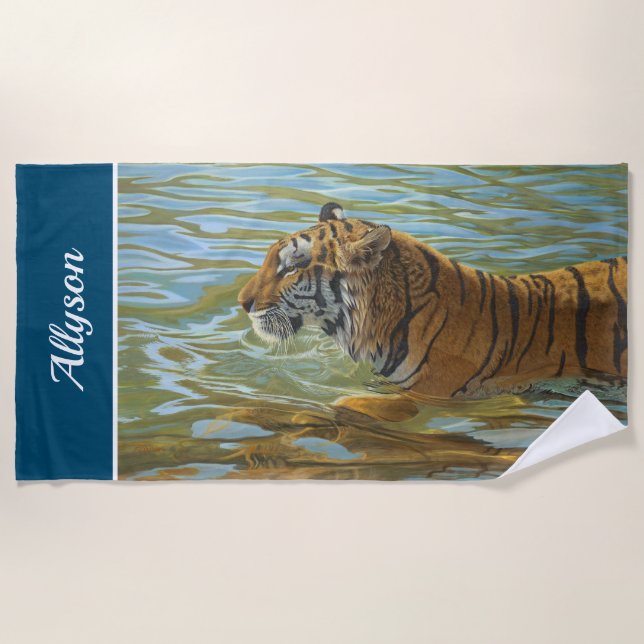 Serviette De Plage Peinture De Baignade En Tigre | Nom do-it-yourself (Devant)