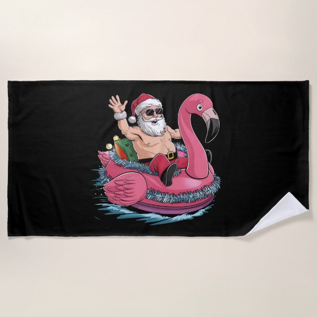 Serviette De Plage Père Noël Flamant rose Floatie Noël En Juillet Été (Devant)