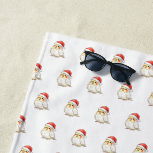 Serviette De Plage Perruche de Noël portant un chapeau de Père Noël