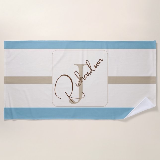 Serviette De Plage Personalized Blue Brown Stripe Monogram Coastal  (Devant)