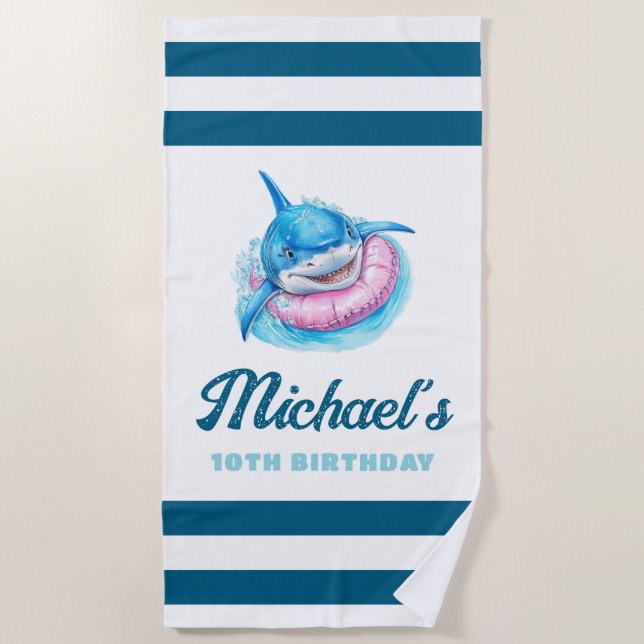 Serviette De Plage Personalized Blue Stripe with Shark (Devant)