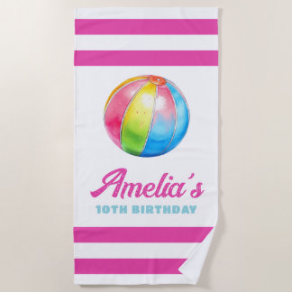 Serviette De Plage Personalized Pink Stripe with Colorful Pool Ball
