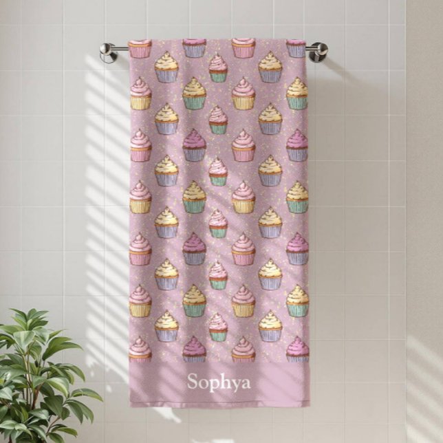 Serviette De Plage Personalized Purple Glitter Cupcake (Créateur téléchargé)