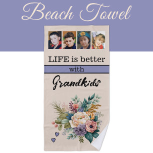 Serviette De Plage Personnalisé 4 petits-enfants photo floral violet