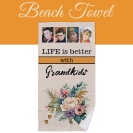 Serviette De Plage Personnalisé 4 petits-enfants photo orangé fleuri