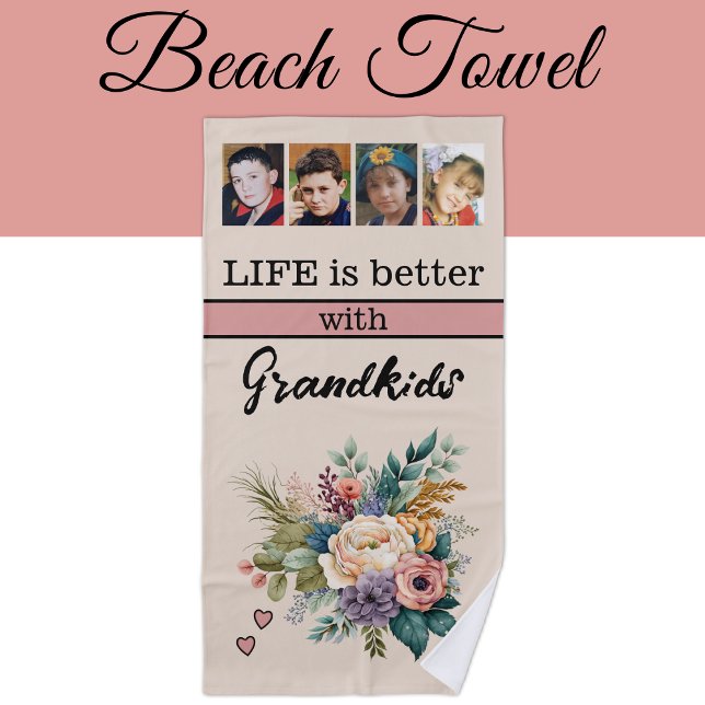 Serviette De Plage Personnalisé 4 petits-enfants photo rose floral (Créateur téléchargé)