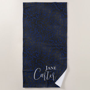 Serviette De Plage Personnalisé Elegant Marine Bleu Léopard Noir