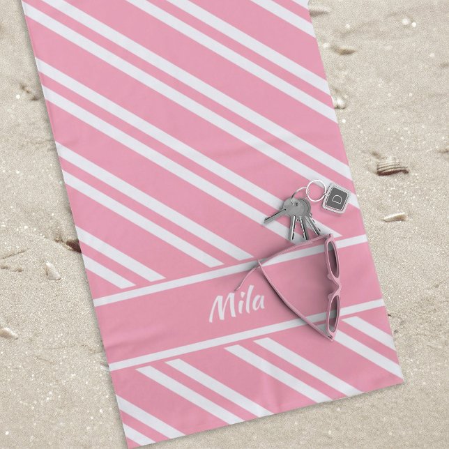 Serviette De Plage Personnalisé, jolie bande rose et blanche (Pink and White Striped Customizable Beach Towel)