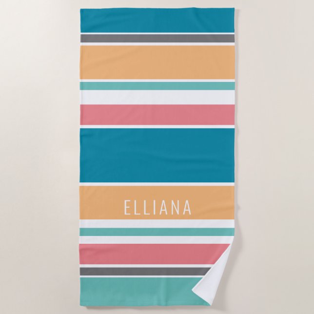 Serviette De Plage Personnalisé Turquoise Bleu Jaune Bleu Rose Blancs (Devant)