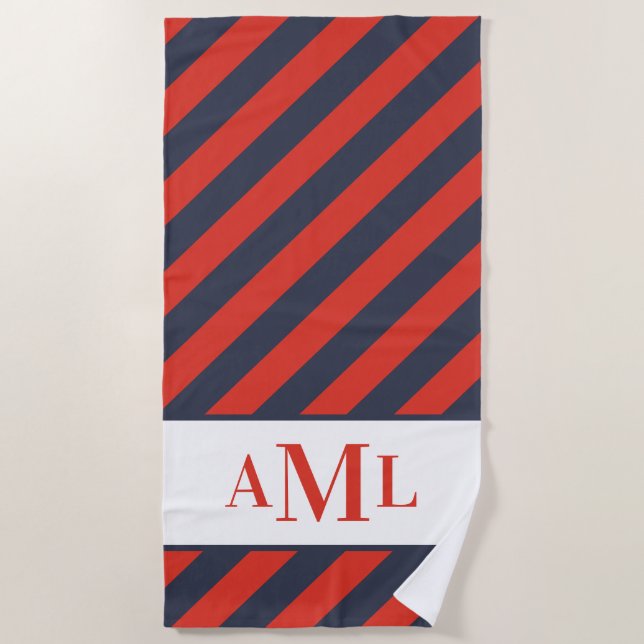 Serviette de plage personnalisée à rayures rouge e (Devant)