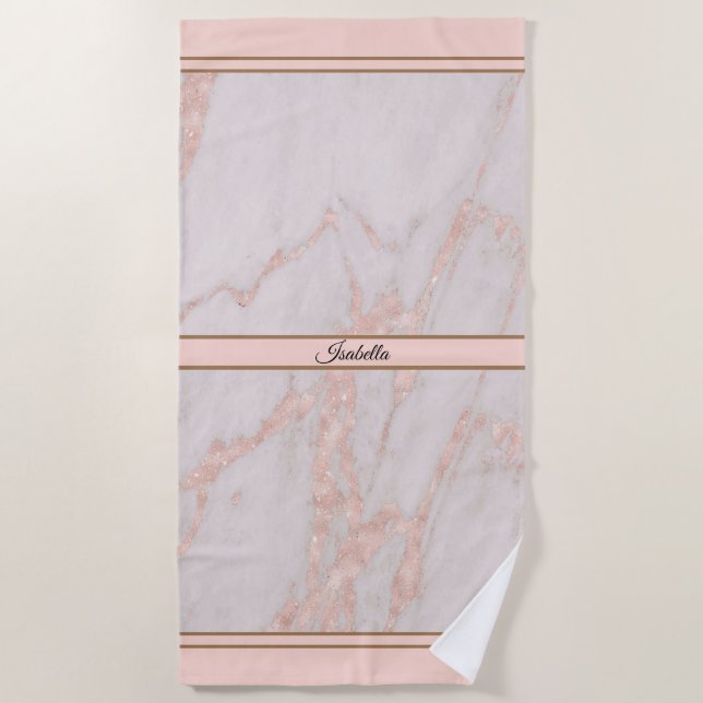 Serviette De Plage Personnaliser en marbre de Parties scintillant ros (Devant)