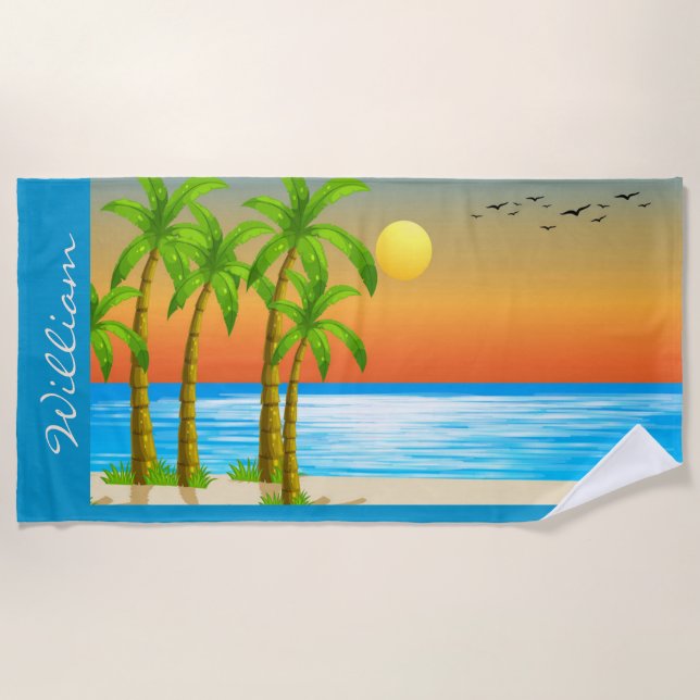Serviette De Plage Personnaliser le paysage côtier Oiseaux Palmiers S (Devant)