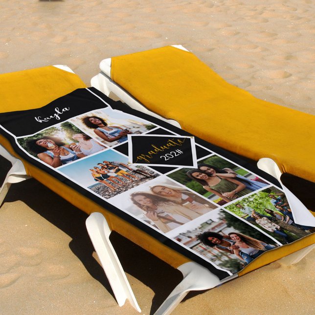 Serviette De Plage Photo Collage Black Gold Graduation personnalisée (Créateur téléchargé)