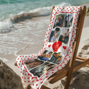 Serviette De Plage Photo Collage Personnalisé Rouge Coeur & Nom Blanc