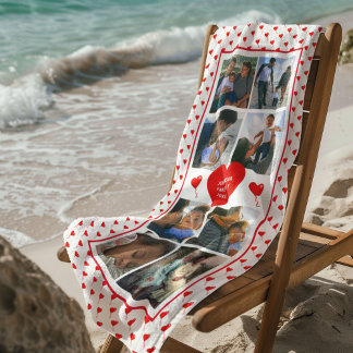 Serviette De Plage Photo Collage Personnalisé Rouge Coeur & Nom Blanc