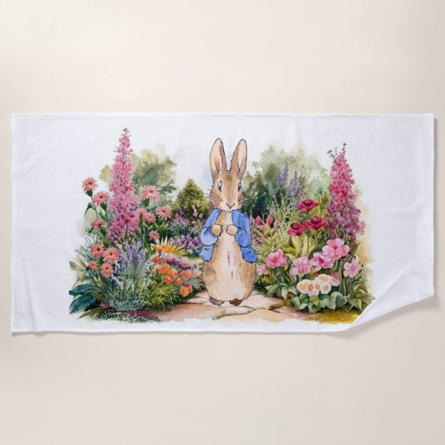 Serviette De Plage Pierre le lapin dans son jardin de fleurs (Devant)