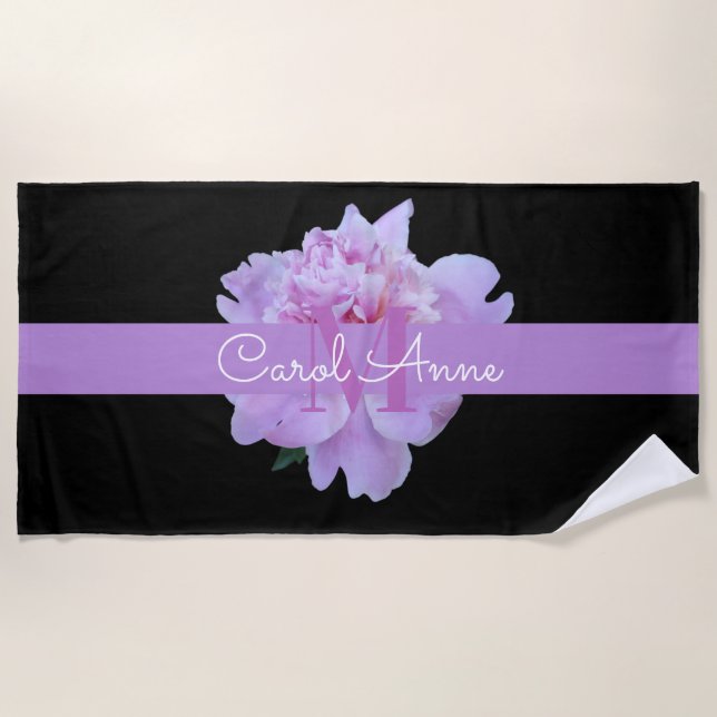 Serviette De Plage Pierre rose Monogramme floral violet noir (Devant)