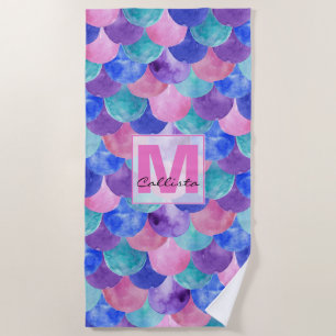 Serviette De Plage Pink violet bleu Aquarelle Échelle de sirène Monog
