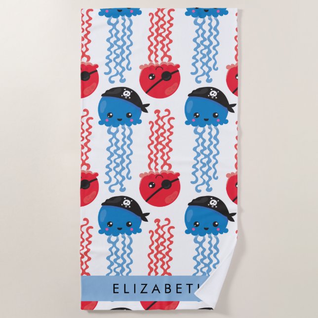 Serviette De Plage Pirate Jellyfish, Motif de méduses, Votre nom (Devant)