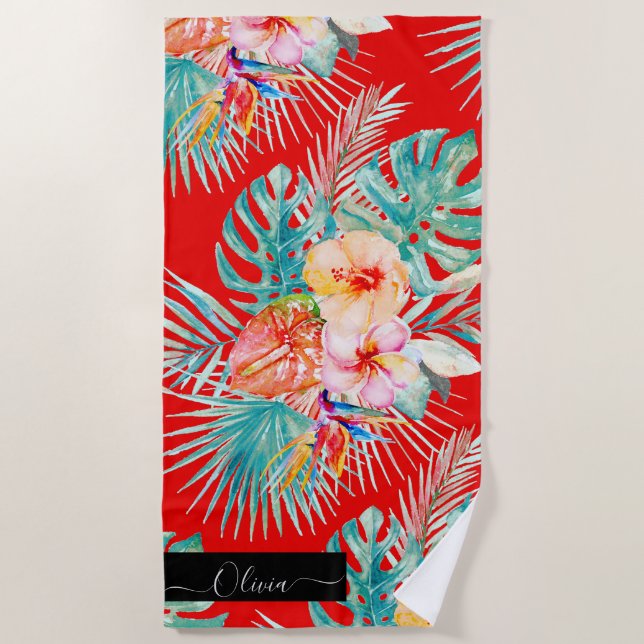 Serviette De Plage PixDezines Aquarelle Tropical Paradise Fleurs (Devant)