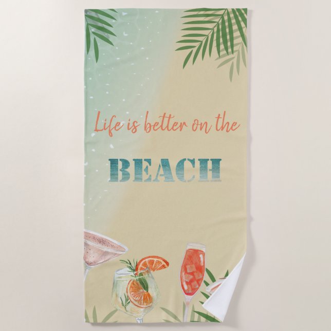 Serviette De Plage Plage Chic, Feuille De Palmier, Cocktails (Devant)
