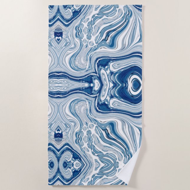 Serviette De Plage plage d'été vagues nautiques aquarelle bleu tourbi (Devant)