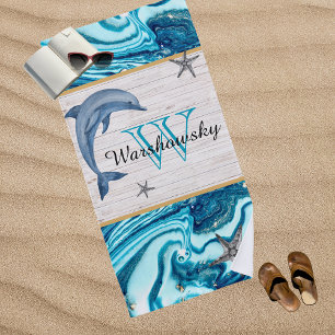 Serviette De Plage Plage Dolphin Blue Marble Famille Monogramme