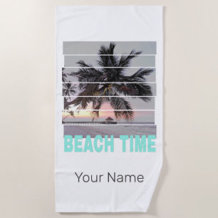 Serviette De Plage Plage Temps Vintage Jetée Palmier Coucher de solei