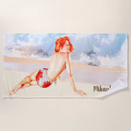 Serviette De Plage Plage Vintage rousse Pinup Girl et océan