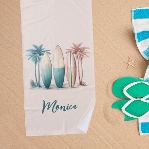 Serviette De Plage Planches de surf palmiers rétro vert jaune