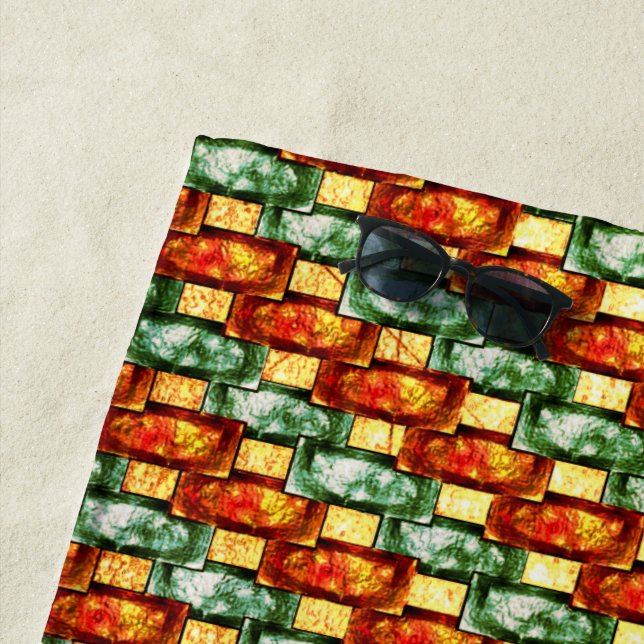 Serviette De Plage Plaques rectangulaires orange vert sculpté et tach (En situation)