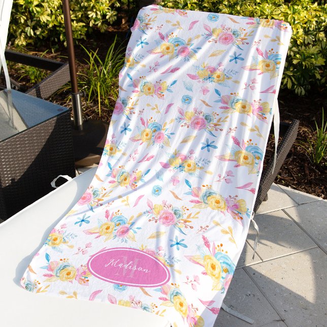 Serviette De Plage Plutôt rose Motif Floral Monogramme (Créateur téléchargé)